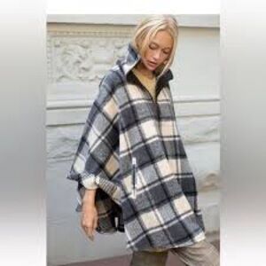 Free People Jackson Black and Cream Plaid Poncho